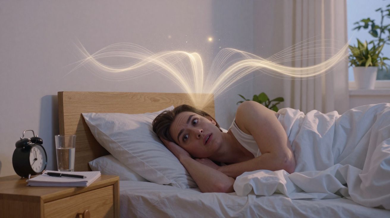 Mulher deitada na cama acordada à noite com expressão preocupada e luzes abstratas acima da cabeça.