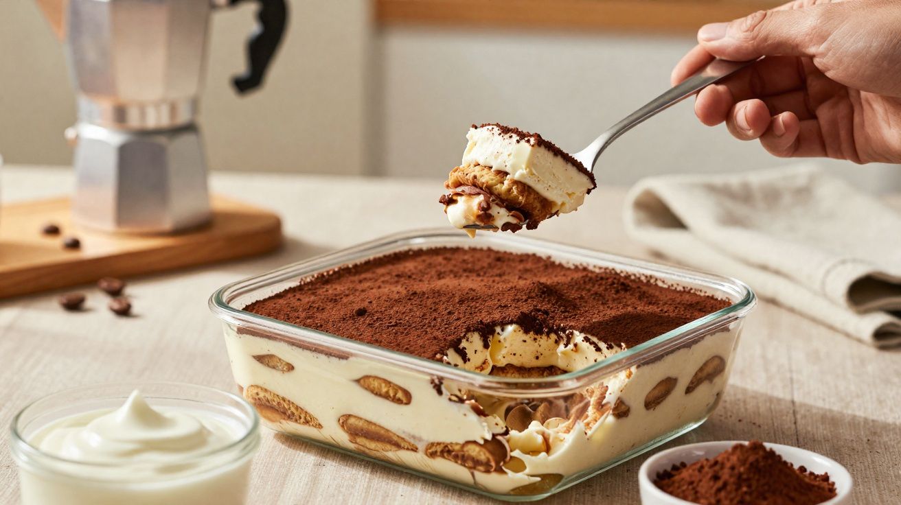 Tiramisu num tabuleiro de vidro com colher a servir uma fatia cremosa com cacau em pó por cima.