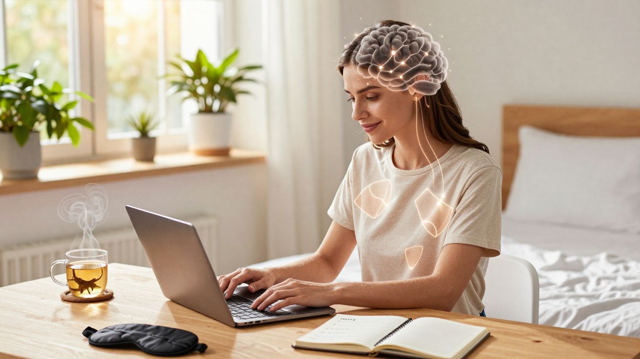 Mulher a trabalhar no computador com ilustração do cérebro e órgãos visíveis numa divisão iluminada.