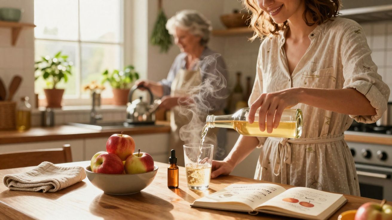 Mulher a servir chá numa cozinha acolhedora, doze maçãs numa taça e idosa a preparar água quente.