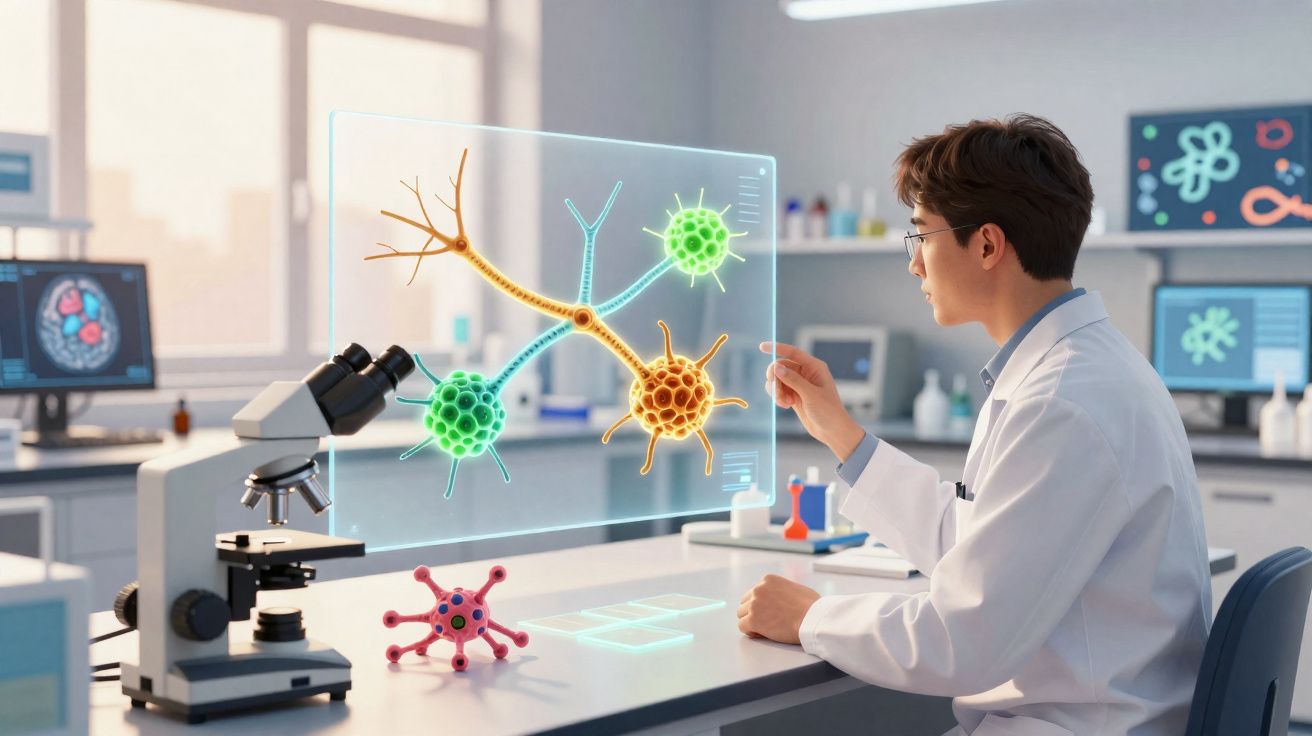 Cientista de laboratório a analisar imagem holográfica de neurónios e vírus com microscópio.