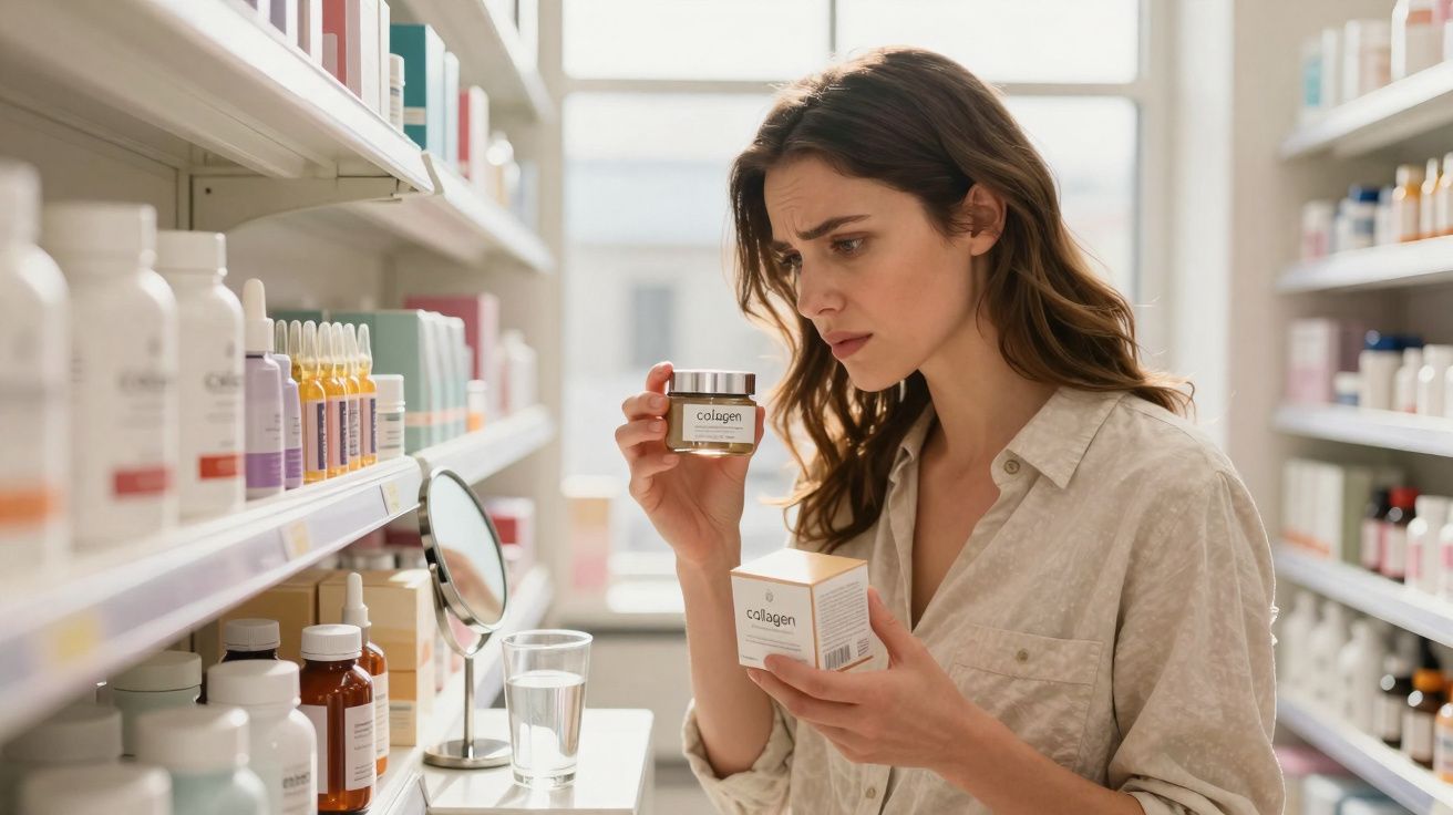 Mulher a analisar creme de colagénio em loja, rodeada de frascos e produtos nas prateleiras.
