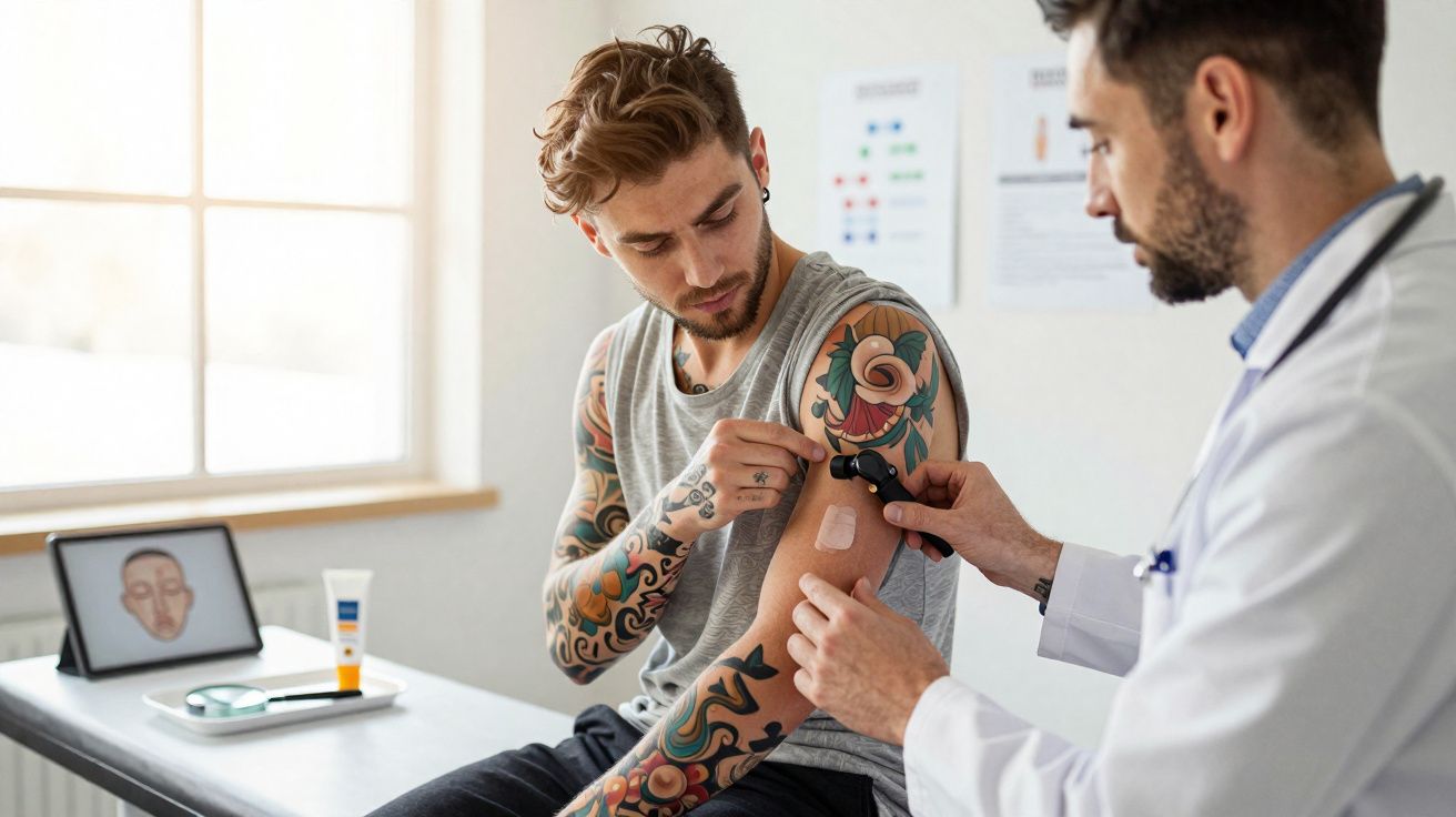Paciente com várias tatuagens no braço a ser examinado pelo médico com um dermatoscópio.