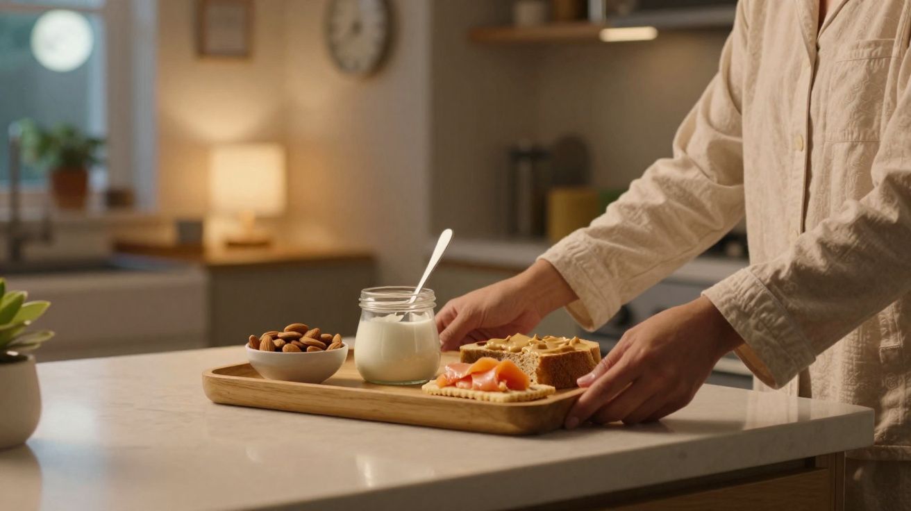 Pessoa a segurar tabuleiro com iogurte, amêndoas e tostas num ambiente de cozinha acolhedor.