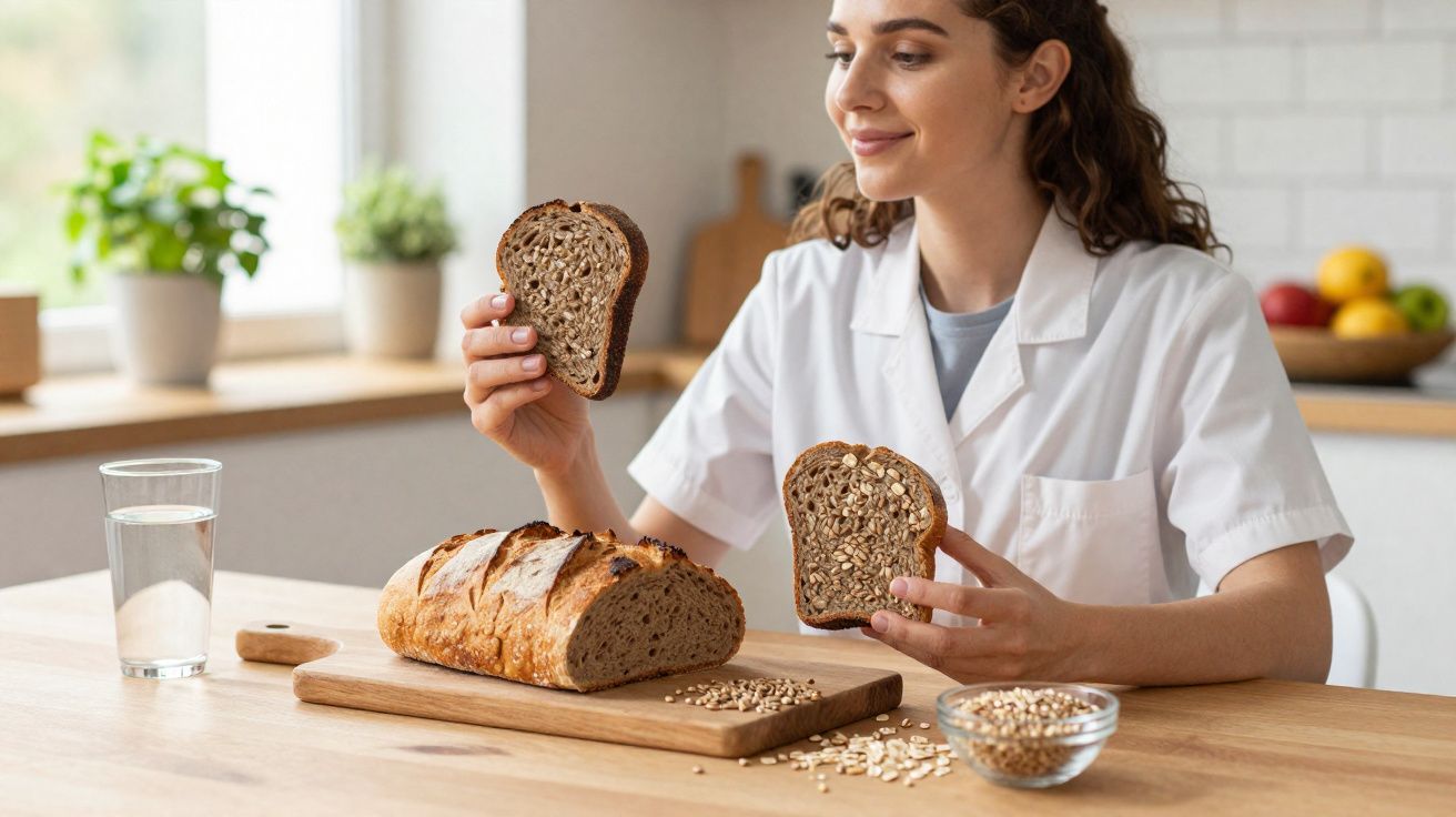 Mulher com bata branca segura fatias de pão integral ao lado de pão, sementes e copo de água numa mesa de cozinha.