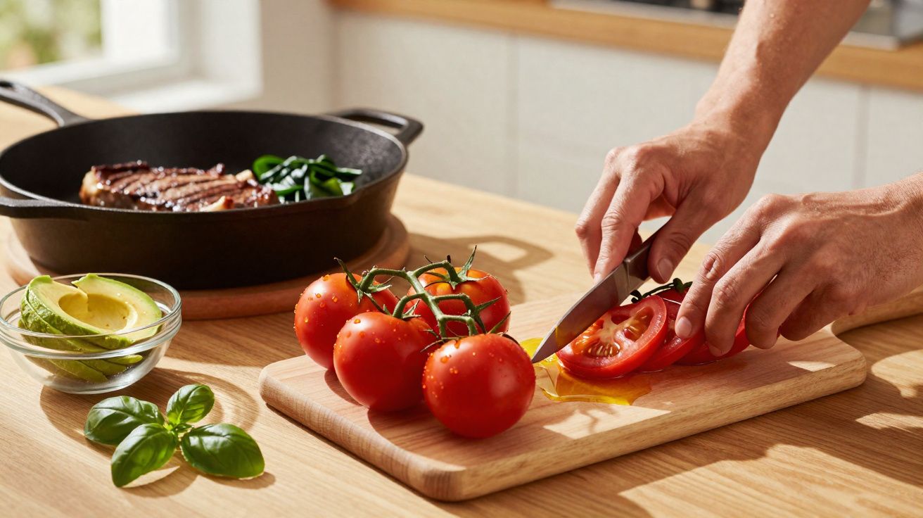 Mãos a cortar tomate maduro numa tábua, com abacate, manjericão e bifes a cozinhar ao fundo.