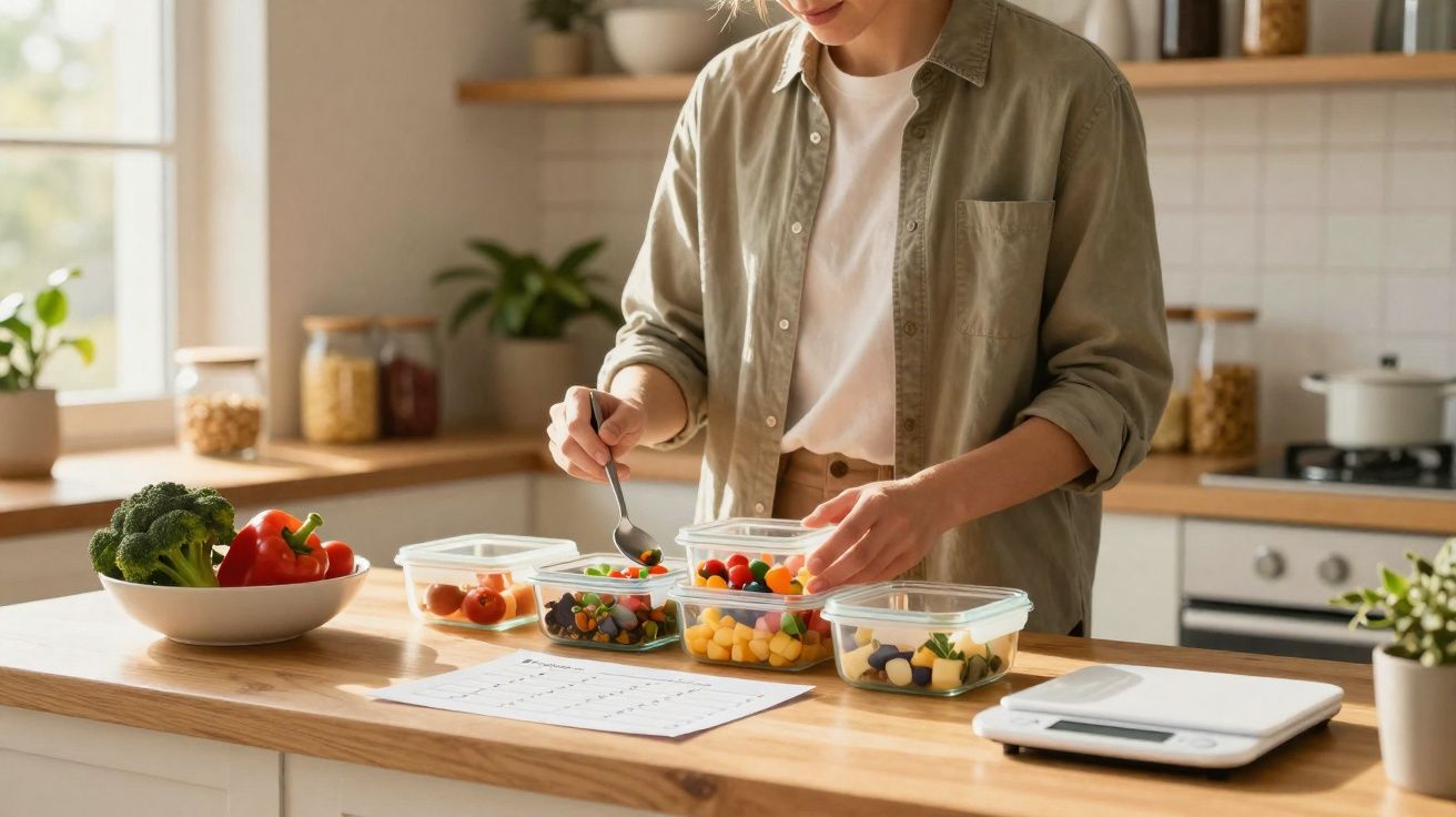 Pessoa a preparar refeições saudáveis em recipientes plásticos na cozinha, ao lado de tabela e balança digital.