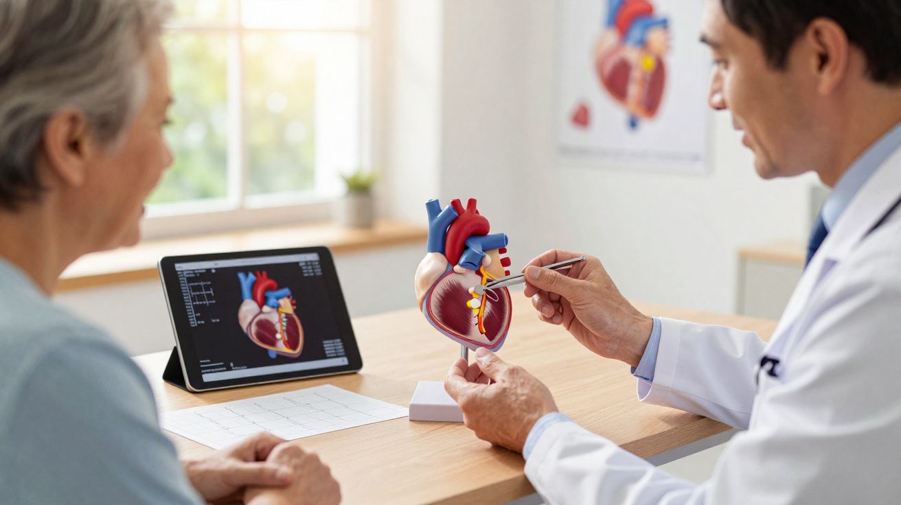 Médico explica funcionamento do coração a paciente idosa usando modelo 3D e tablet com imagem anatómica.