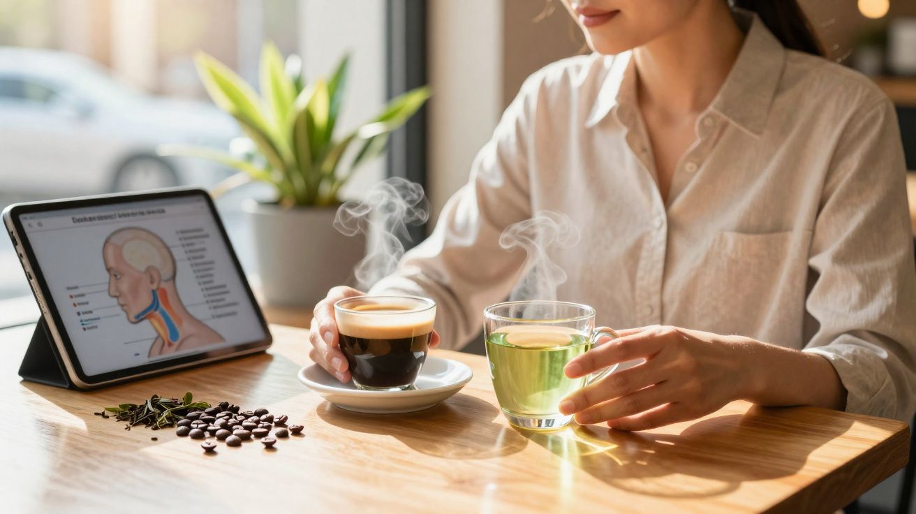 Mulher sentada à mesa com chá e café, ao lado de tablet exibindo imagem anatómica do pescoço.