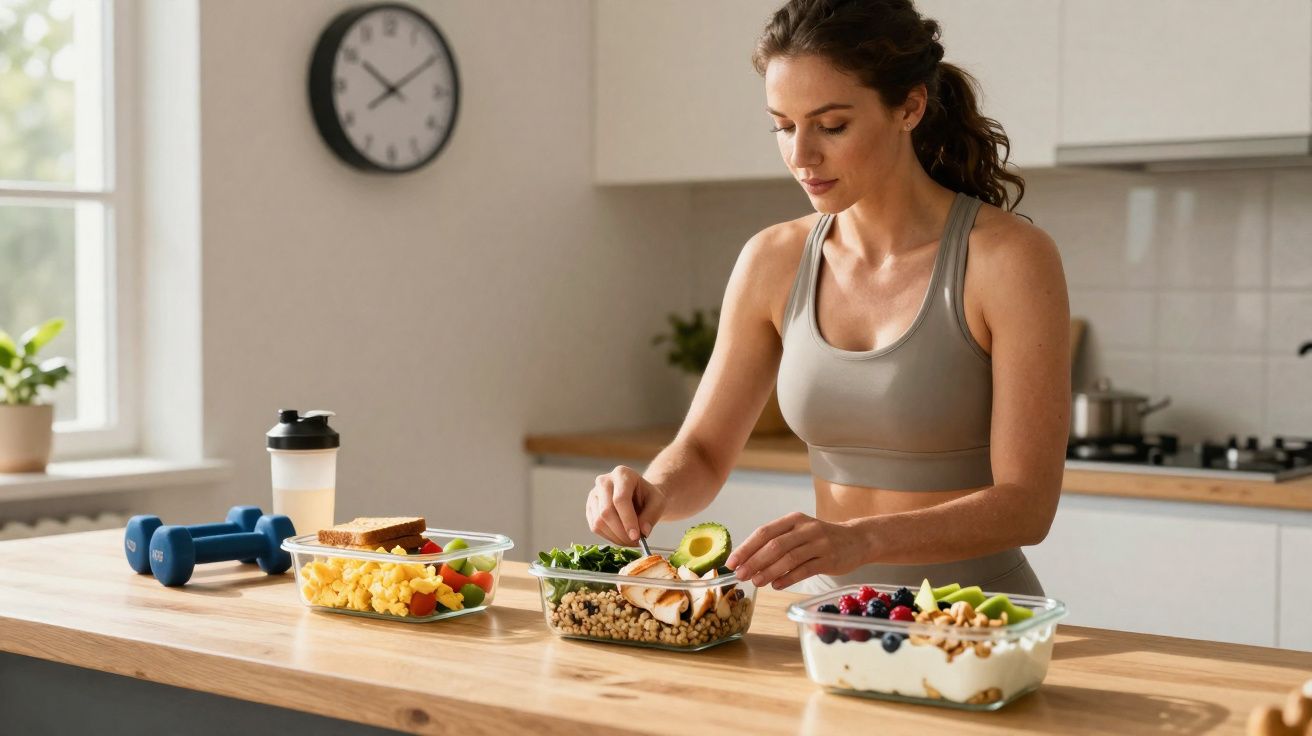 Mulher de roupas desportivas prepara refeição saudável com frutas, vegetais e proteínas na cozinha moderna.
