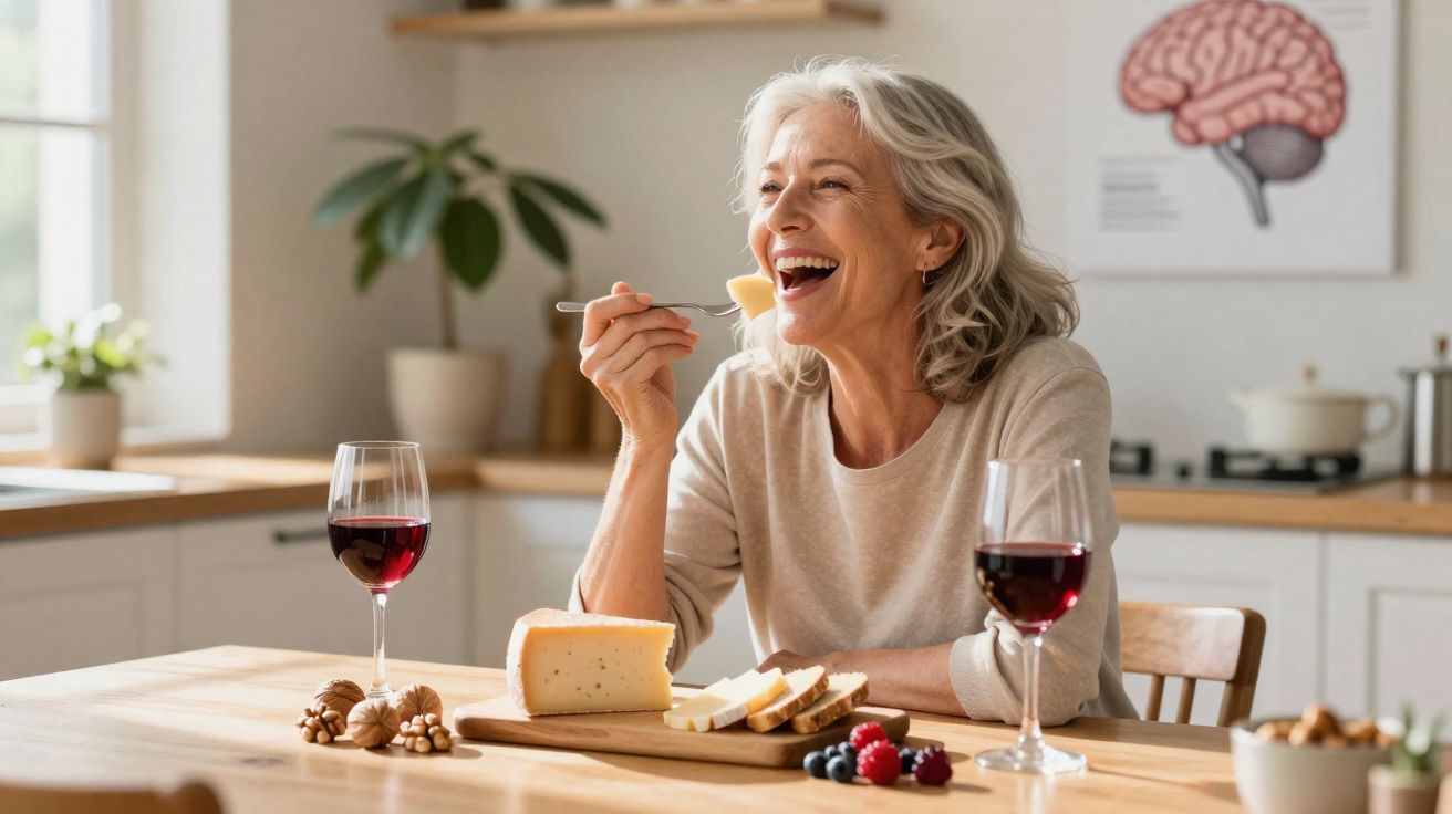 Mulher sénior sorridente a comer queijo com vinho tinto e frutos num ambiente de cozinha iluminada.