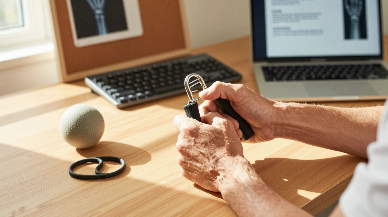 Mãos de idoso a usar um exercitador de mãos numa secretária com computador e acessórios de fisioterapia.