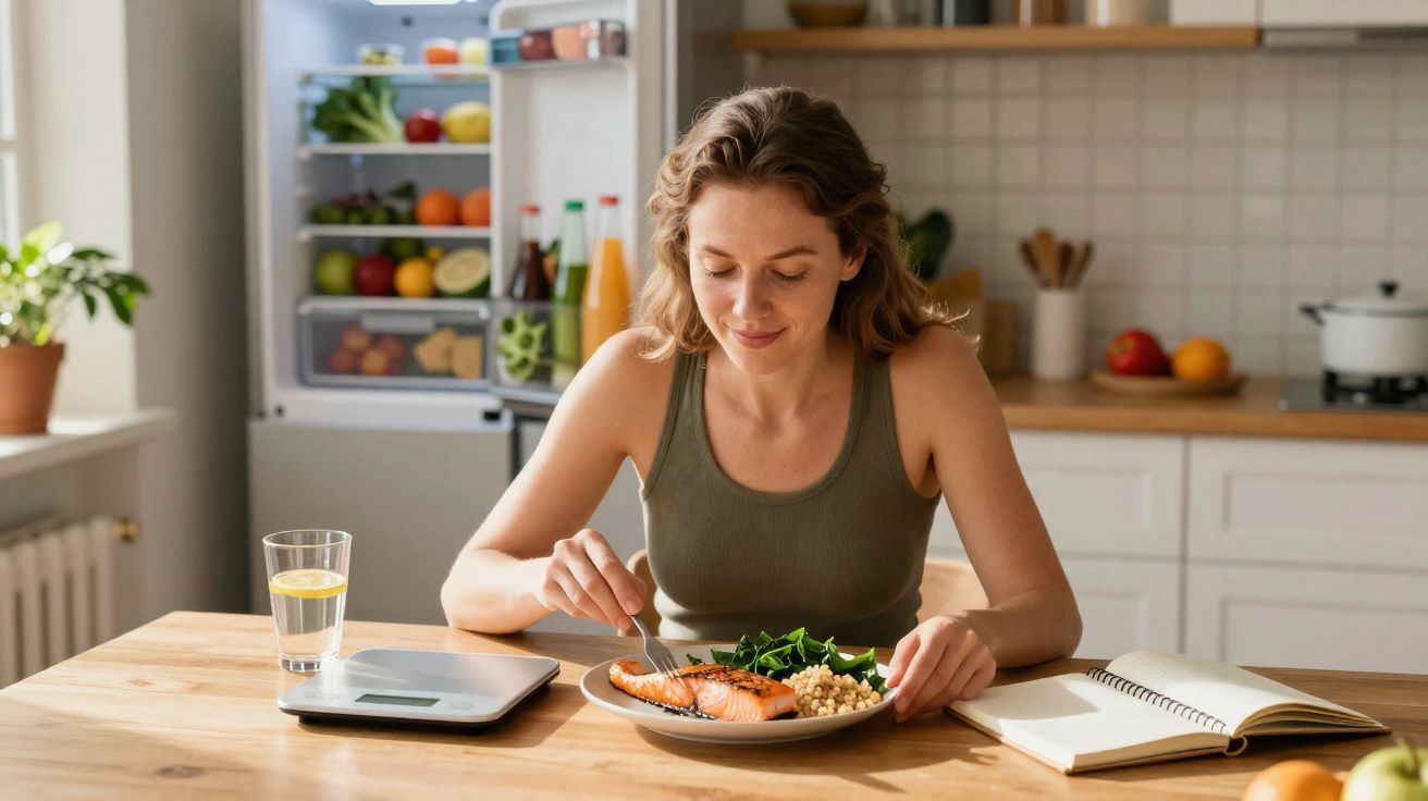Mulher a comer uma refeição saudável com salmão, legumes e couscous na cozinha, ao lado de balança e copo de água.