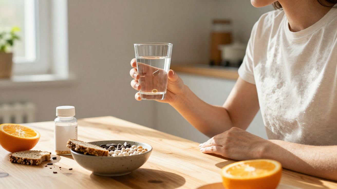 Pessoa a segurar copo de água com comprimido, fruta e alimentos saudáveis sobre a mesa de madeira.