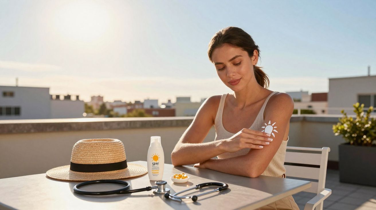 Mulher aplica protector solar com desenho de sol no braço, sentada numa esplanada ao ar livre.