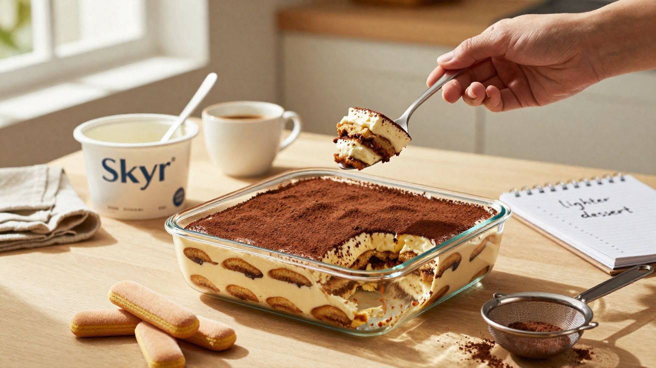 Sobremesa tiramisu numa travessa de vidro com cacau em pó, um café, bolachas e um iogurte Skyr numa mesa de madeira.