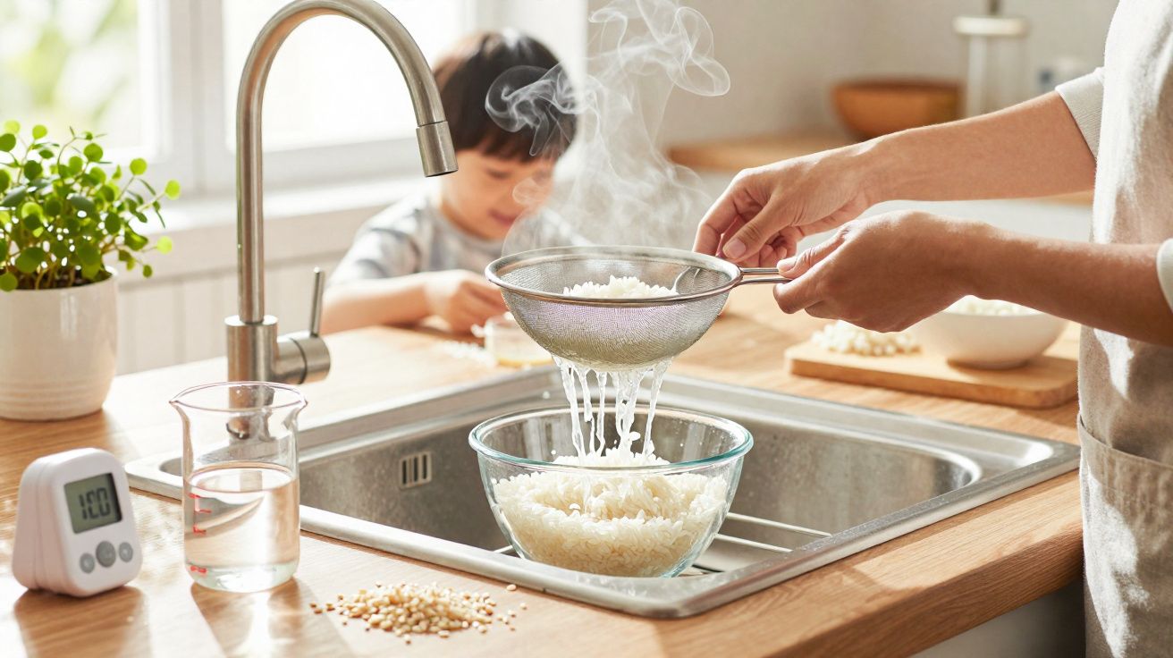 Pessoa a coar arroz quente numa pia de cozinha com criança ao fundo a comer.