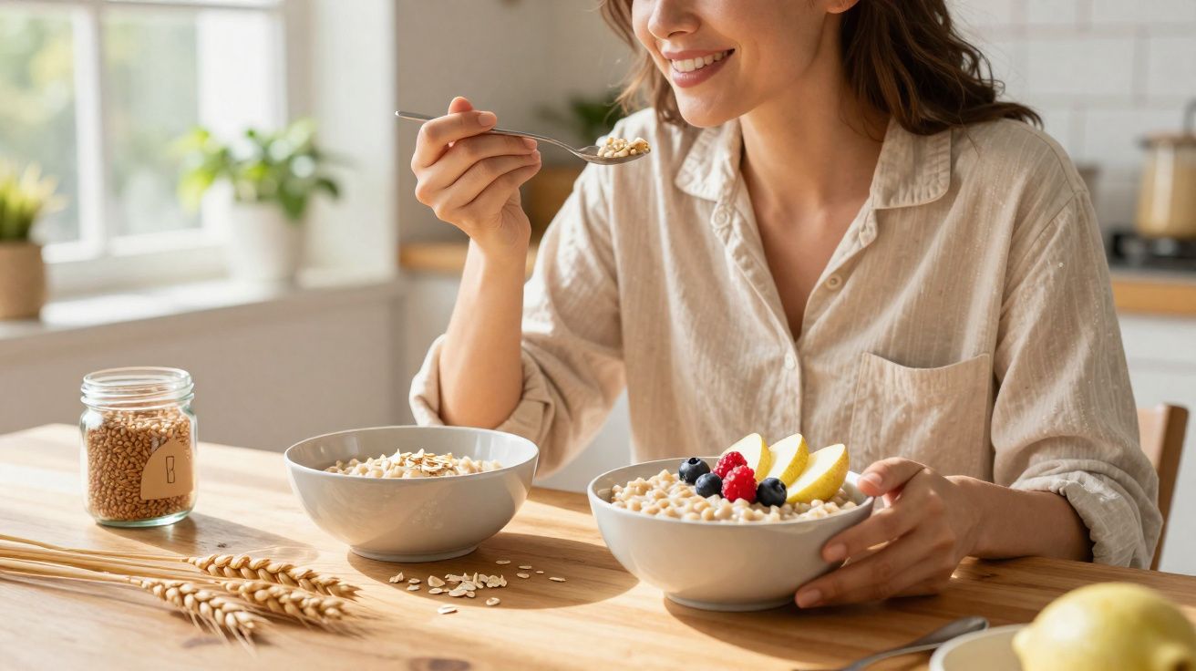 Mulher sorridente a comer papa de aveia com frutas numa cozinha iluminada e acolhedora.