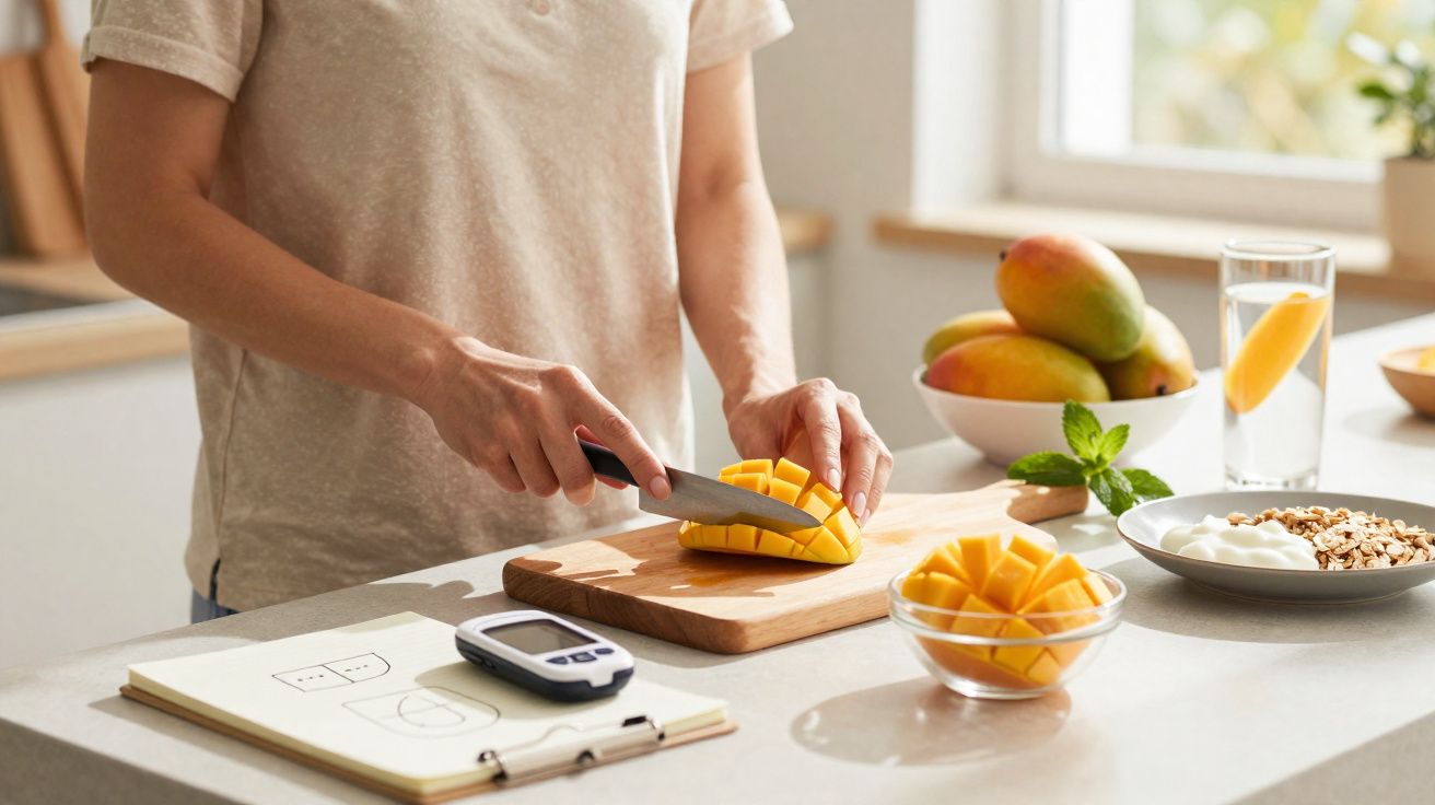 Pessoa a cortar manga em cubos numa tábua de madeira com frutas e alimentos saudáveis na mesa.
