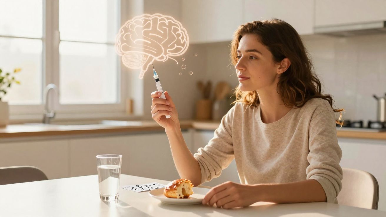 Mulher a segurar seringa com ilustração de cérebro numa cozinha luminosa, com croissant e copo de água na mesa.