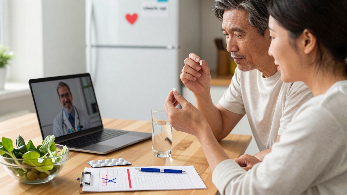 Casal em consulta médica online, com comprimido, copo de água e prescrição numa mesa.