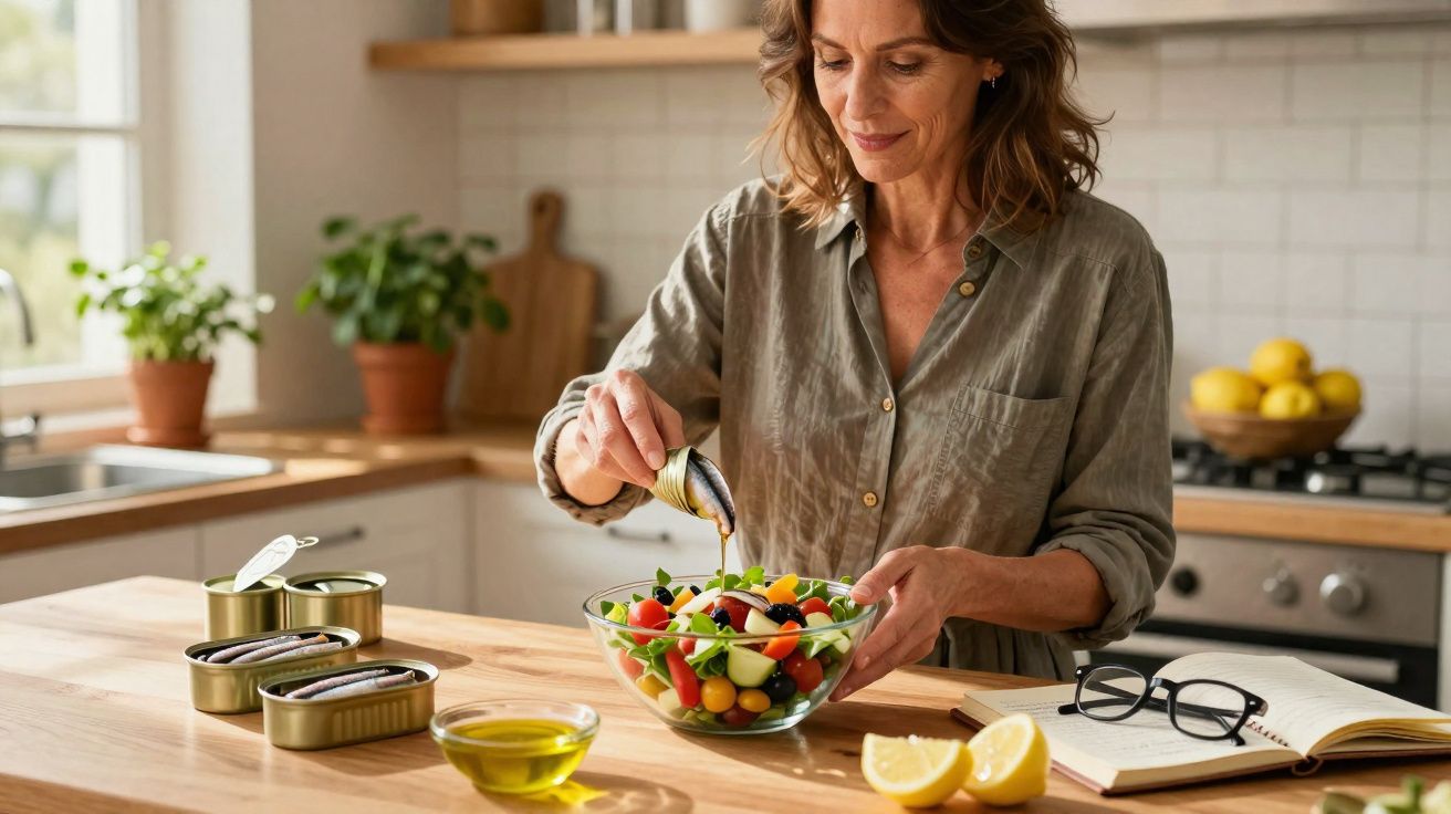 Mulher a temperar salada com sardinhas em cozinha moderna e luminosa, com livros e óleo na bancada.