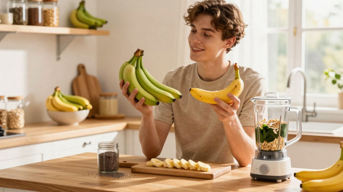 Jovem na cozinha a segurar bananas, com bananeira, liquidificador e comida saudável na bancada.