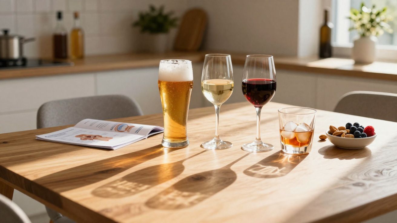Mesa de madeira com copo de cerveja, copos de vinho branco e tinto, copo com gelo e prato de frutos secos com frutos vermelho