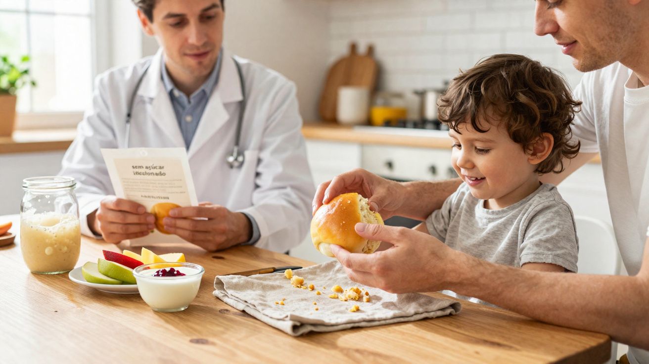Pai a ajudar filho a comer pão enquanto médico observa e lê folheto numa cozinha.