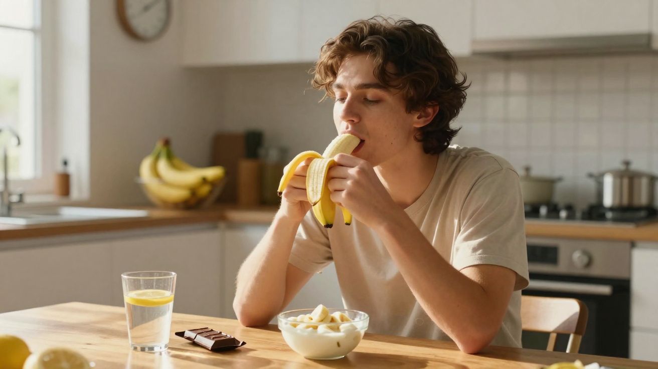 Homem jovem sentado a comer uma banana na cozinha com tigela de iogurte, chocolate e copo de água à frente.