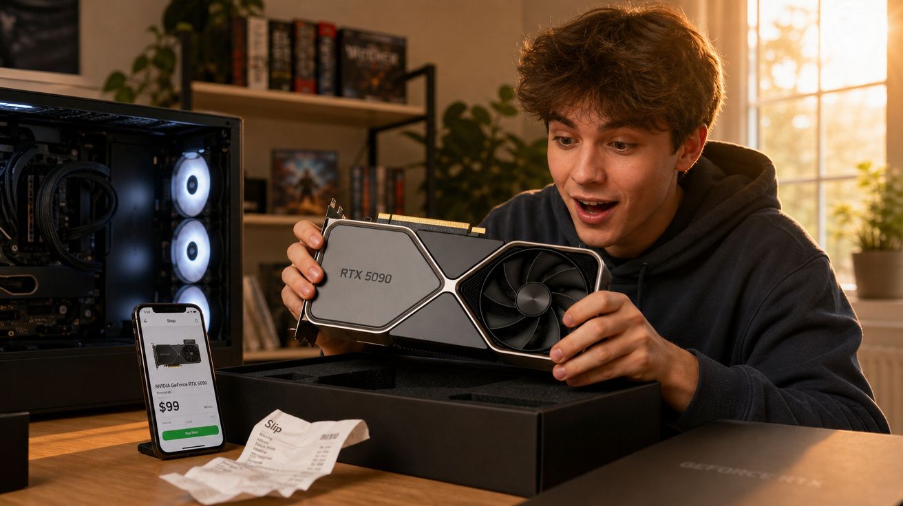Jovem entusiasmado a abrir e segurar uma placa gráfica RTX 5090 ao lado do PC e telemóvel com compra online.