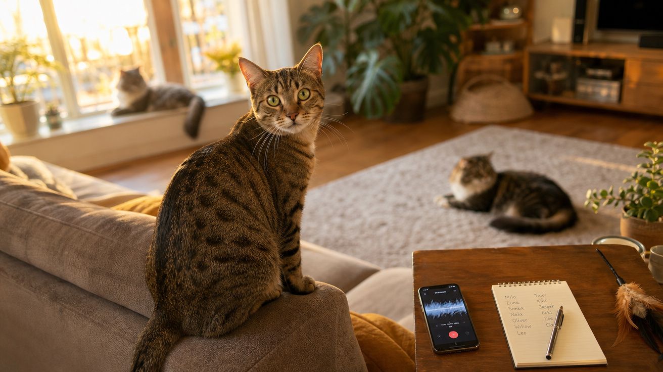 Três gatos descansam numa sala acolhedora com luz do sol, sofá, tapete e mesa com telemóvel e bloco de notas.
