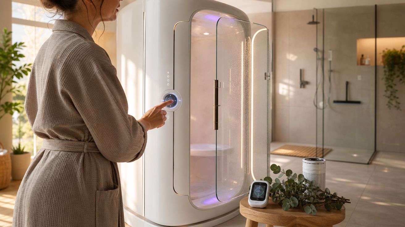 Mulher em roupão controla máquina de terapia na casa-de-banho moderna com chuveiro de vidro.