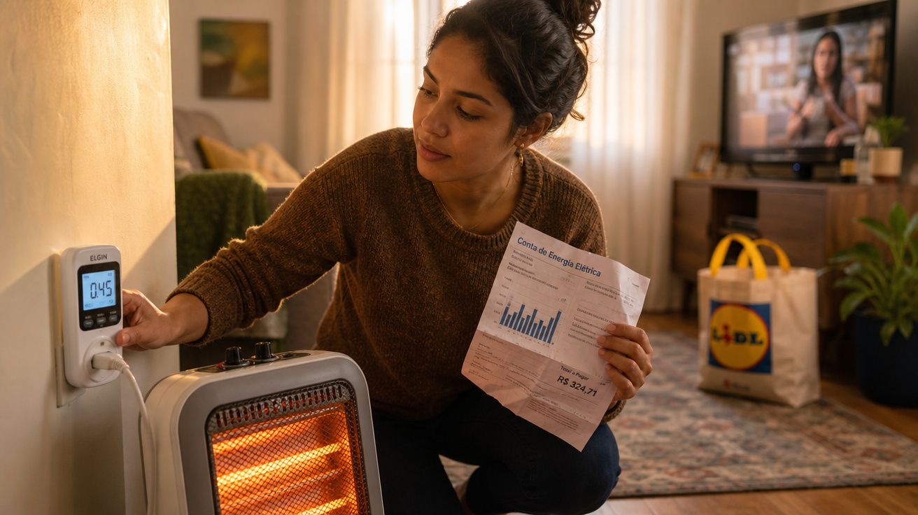 Mulher a verificar o consumo elétrico de um aquecedor, segurando uma conta de eletricidade em casa.
