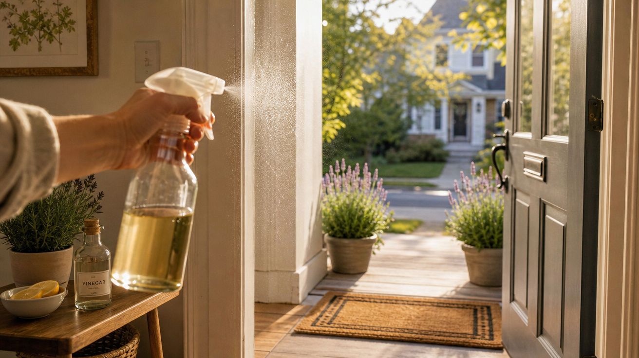 Pessoa a borrifar solução de vinagre para desinfetar porta de entrada de casa com luz natural.