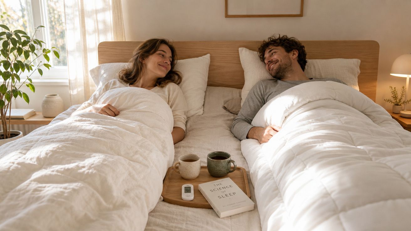 Casal deitado na cama a olhar-se e sorrir numa manhã luminosa e aconchegante.