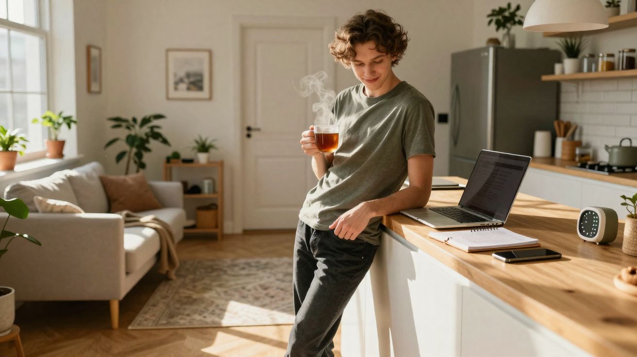 Jovem com chá na mão apoia-se no balcão da cozinha moderna e iluminada, com computador portátil aberto.