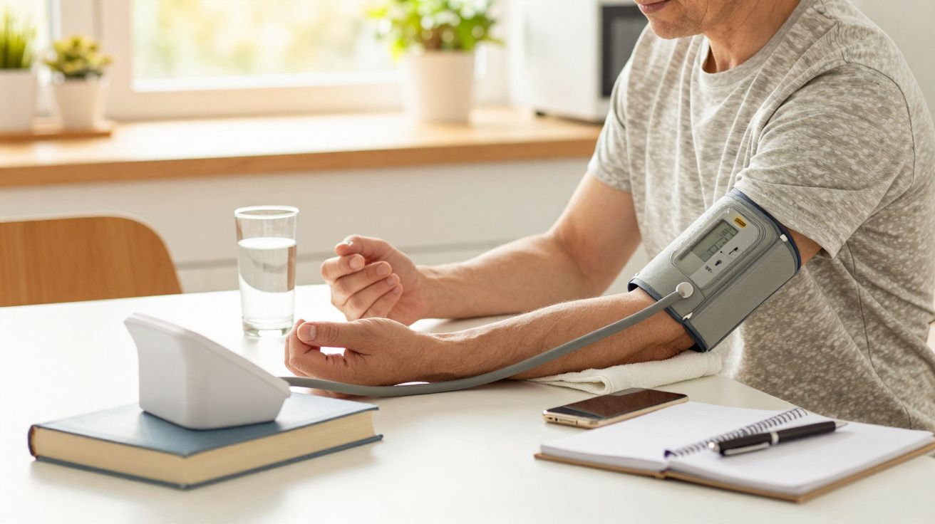 Homem a medir a tensão arterial com medidor digital em ambiente doméstico, acompanhado de bloco de notas e copo de água.