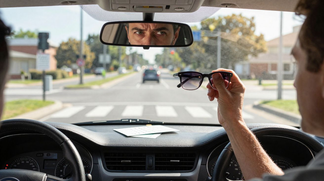 Homem ao volante de carro segura óculos de sol enquanto se olha no espelho retrovisor.