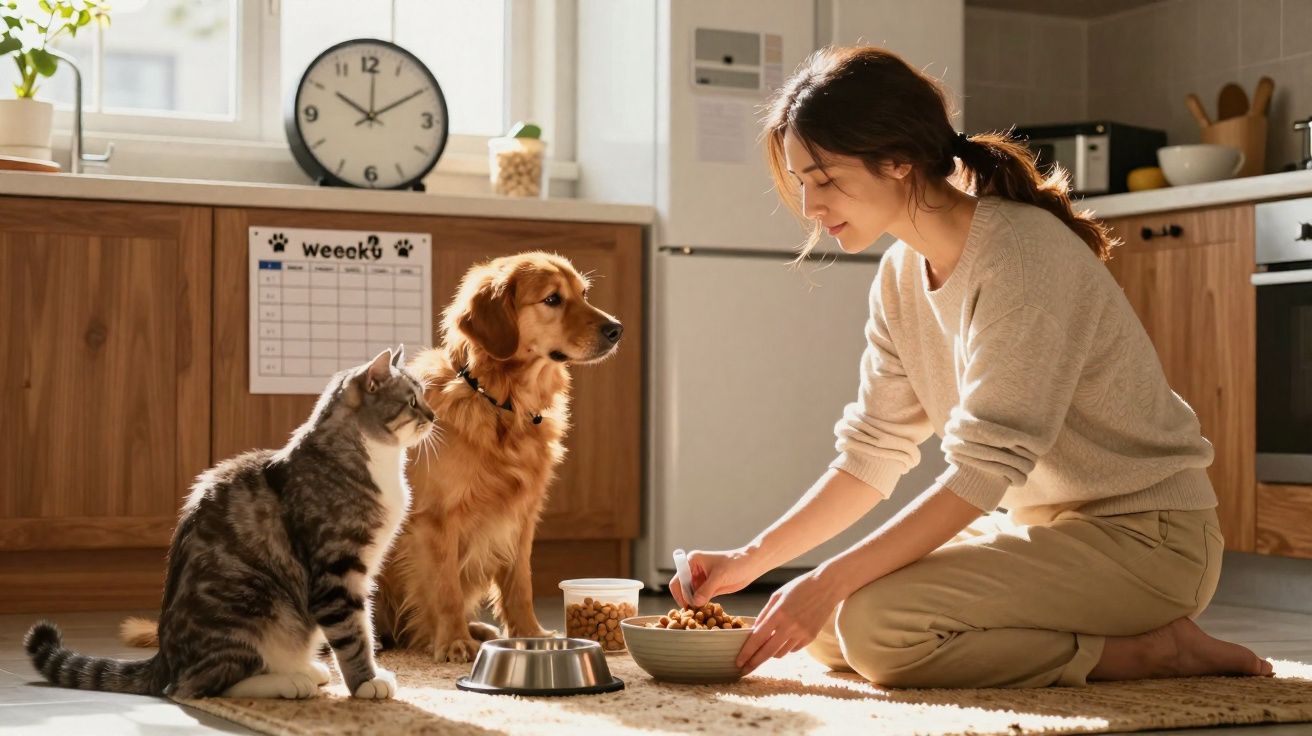 Mulher alimenta um cão e um gato numa cozinha acolhedora com luz natural pela manhã.