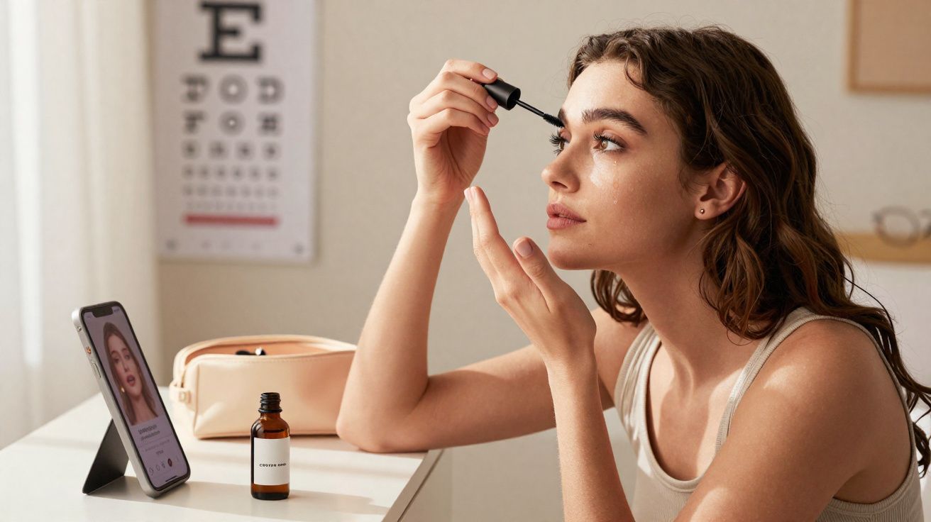 Mulher a aplicar sérum facial com conta-gotas enquanto se vê num telemóvel apoiado numa mesa.
