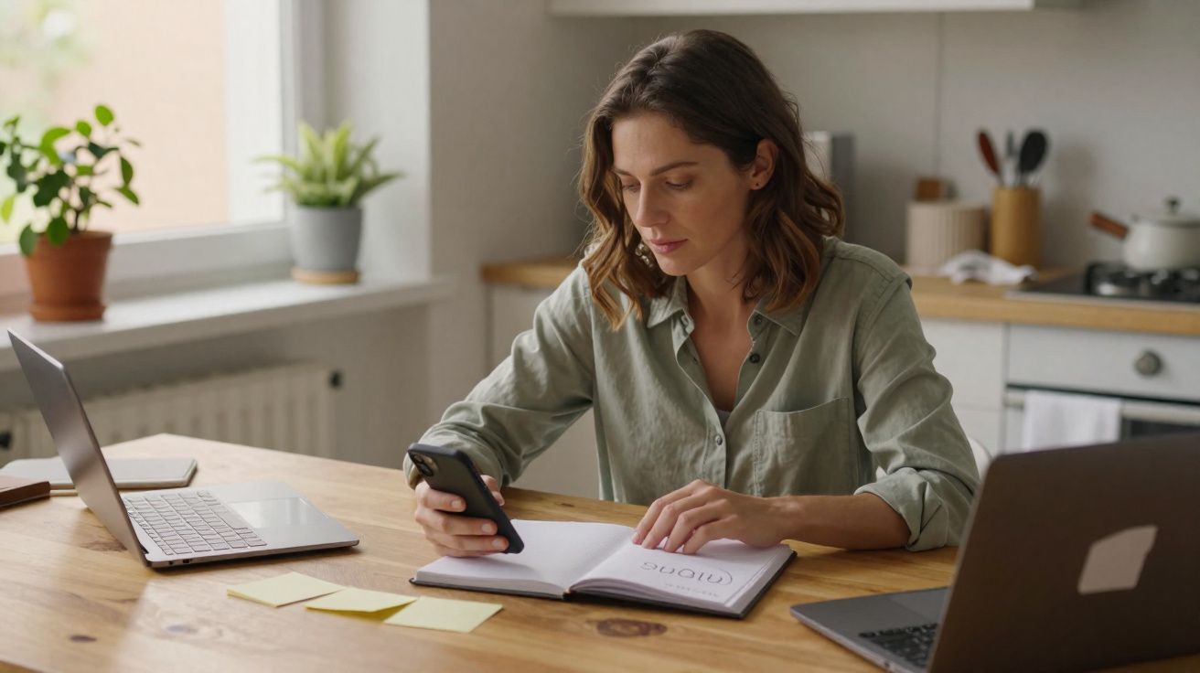 Mulher sentada à mesa, a olhar para o telemóvel, com dois computadores portáteis e um caderno aberto à sua frente.