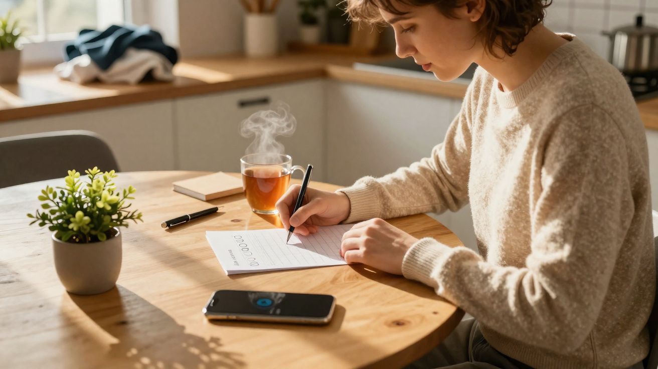 Pessoa sentada a escrever numa mesa de madeira com chá quente e telemóvel à frente, em ambiente doméstico.