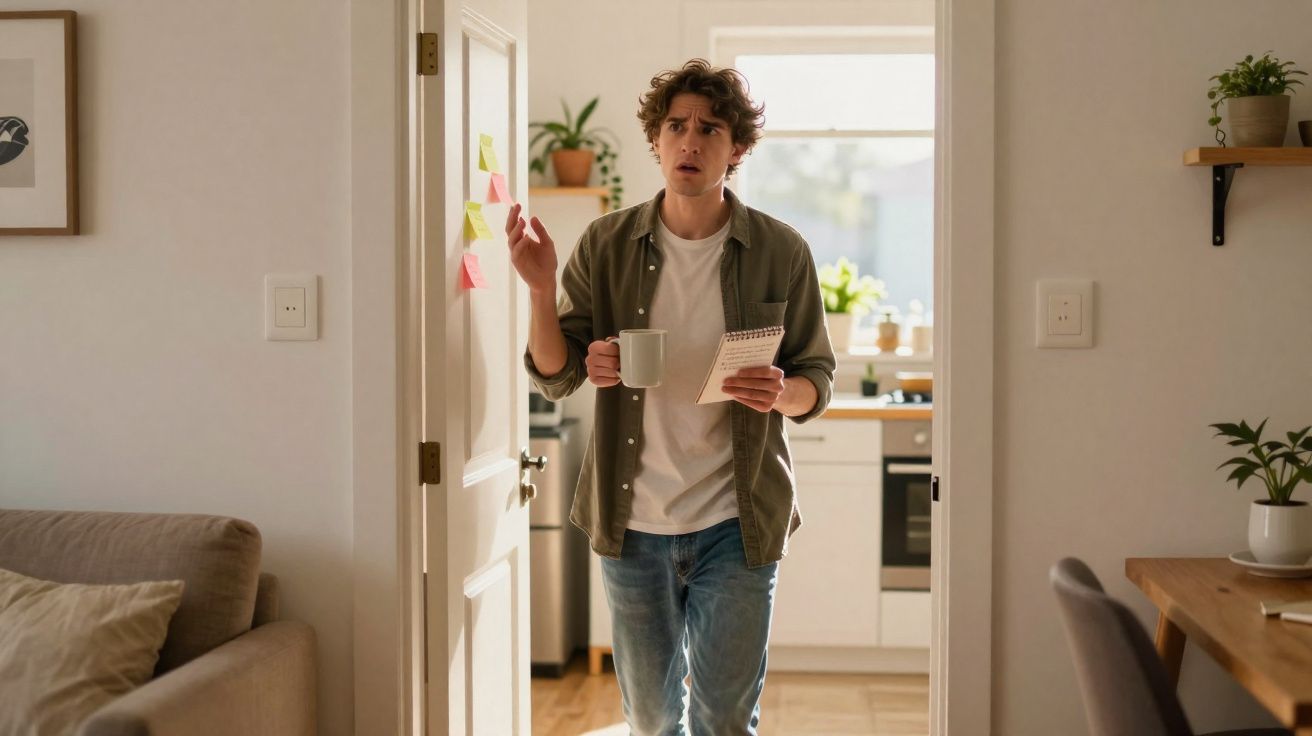 Homem curioso com caderno e chá numa mão, consultando notas coladas na porta de casa iluminada.