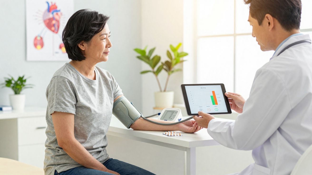 Mulher a medir pressão arterial com médico a mostrar resultados num tablet num consultório médico.