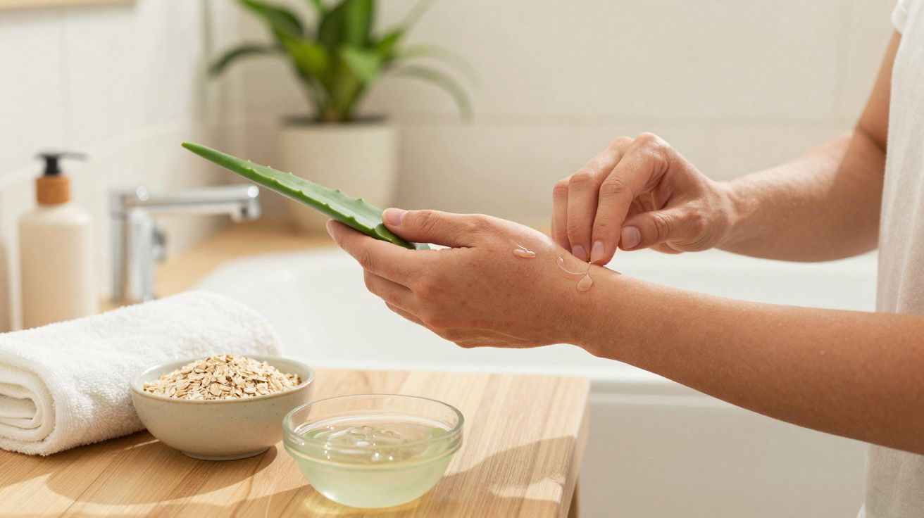 Pessoa a aplicar gel de aloe vera no braço, com recipiente de aveia e toalha ao lado numa casa-de-banho.