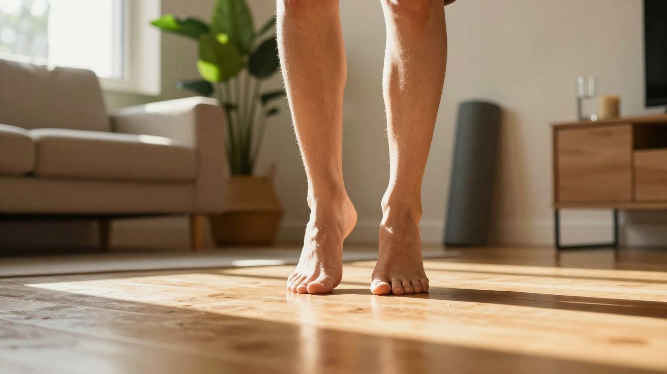 Pés descalços de uma pessoa a caminhar numa sala com chão de madeira, luz natural e mobília moderna.