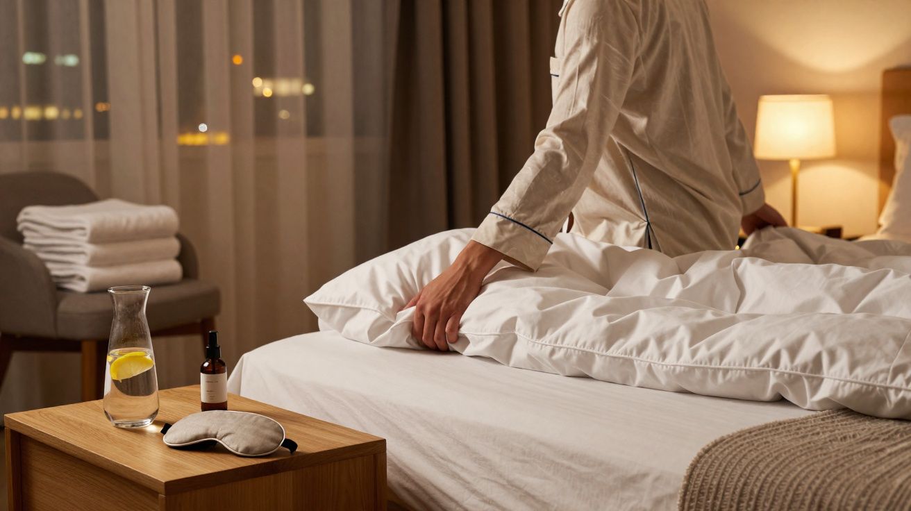 Pessoa a arrumar uma cama branca num quarto acolhedor com luz suave e jarra de água com limão na mesa.