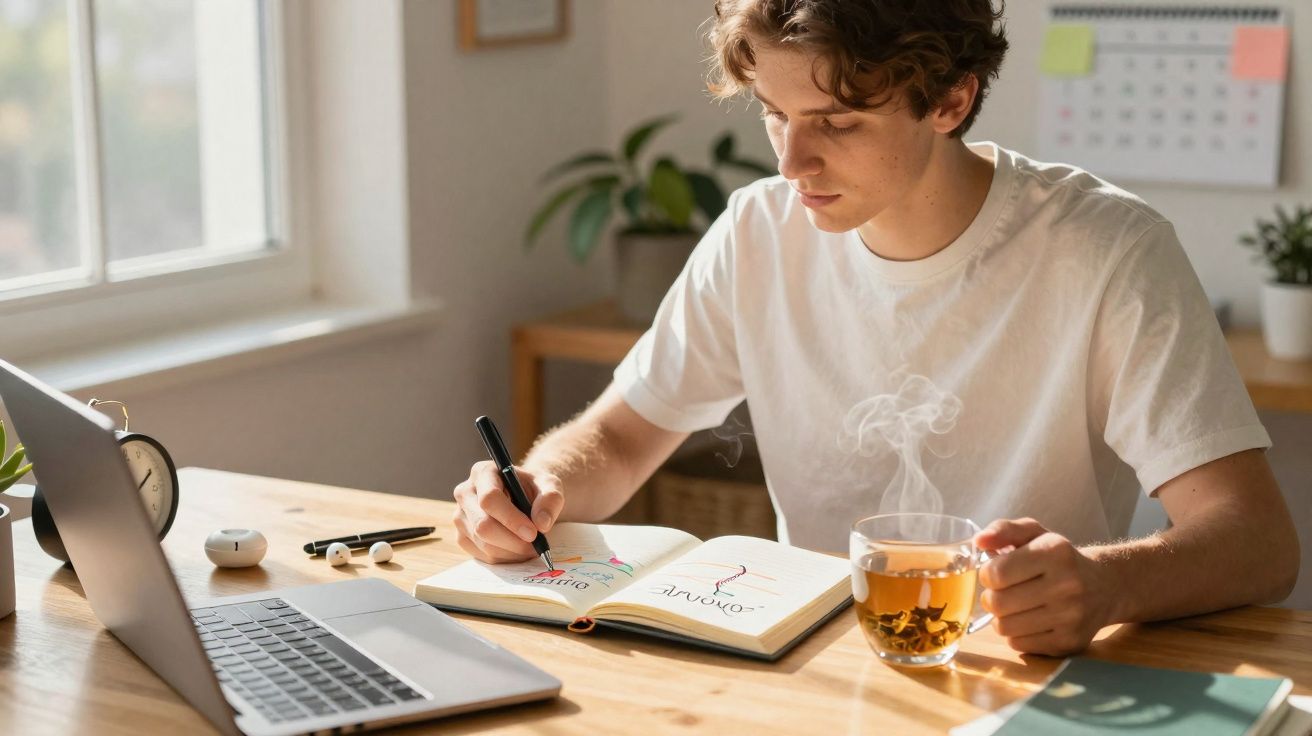 Jovem a estudar com caderno, chá quente e computador portátil numa mesa de madeira junto à janela.