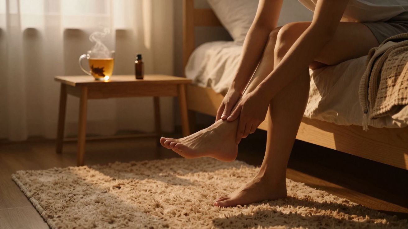 Pessoa sentada na cama a massajar o tornozelo num quarto com luz suave e chá ao lado.